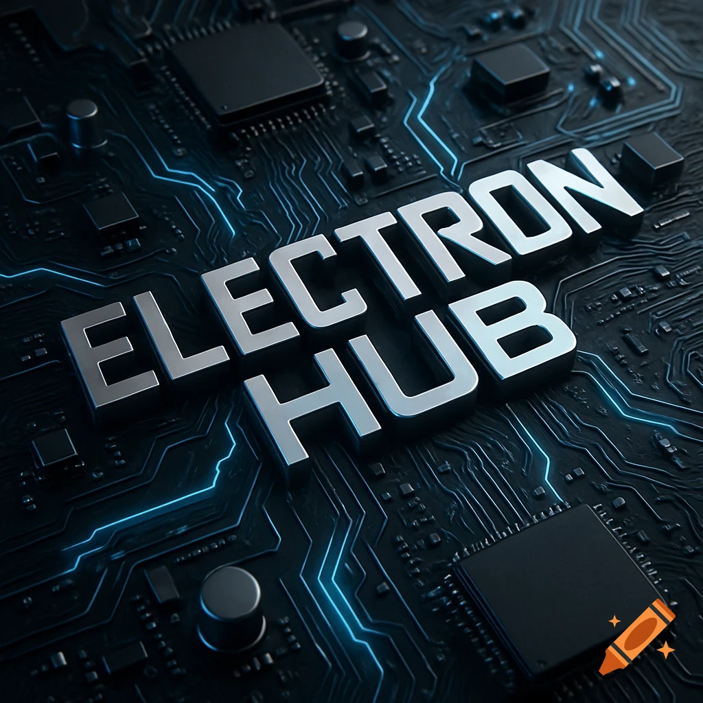 3D silver 'ELECTRON HUB' text on a dark circuit board with glowing blue pathways and microchips, angled view.