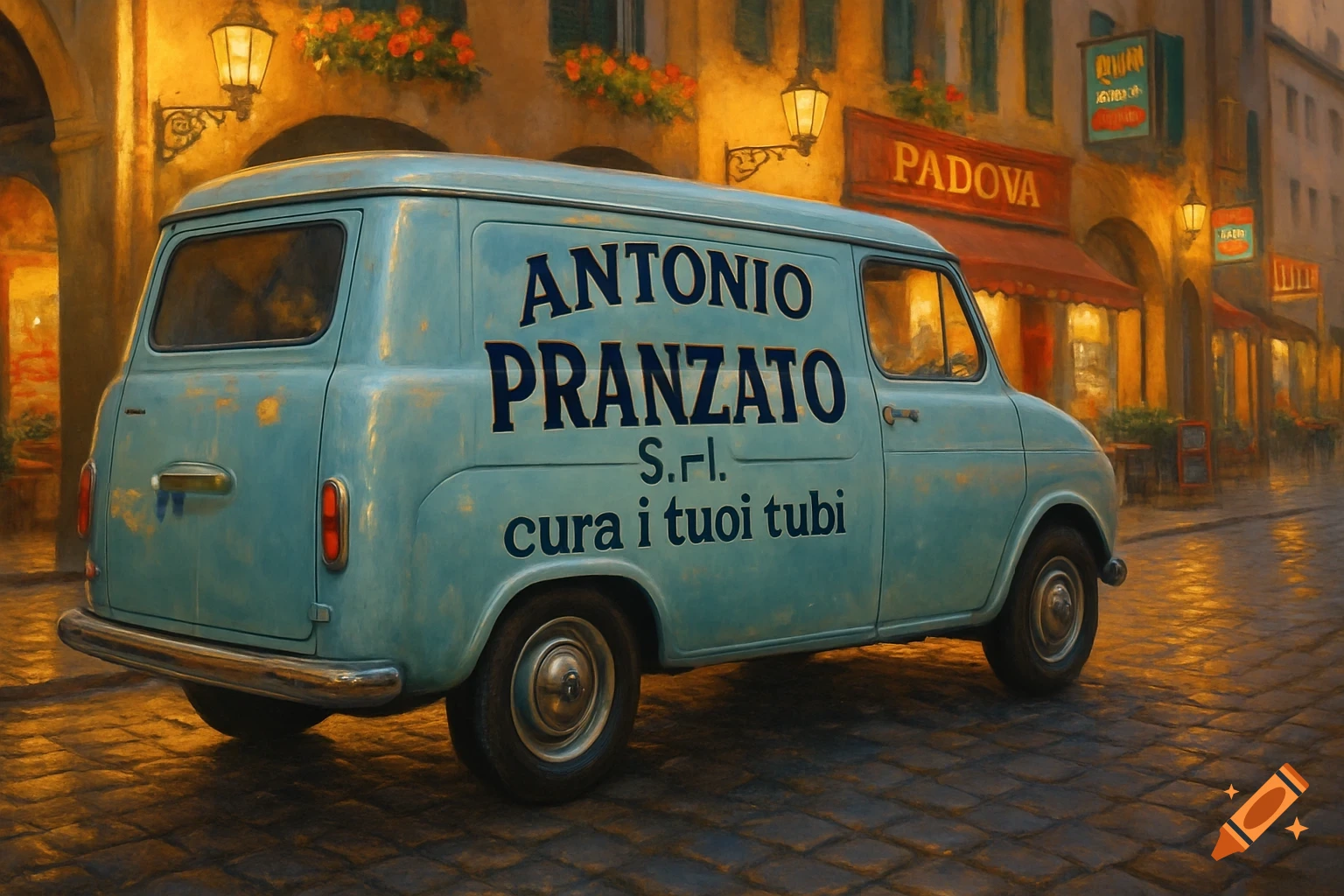 A vintage light blue plumber's van with "Antonio Pranzato S.r.l. cura i tuoi tubi" on its side, parked on a cobblestone street in an old Italian city at dusk, with illuminated shops and streetlights.