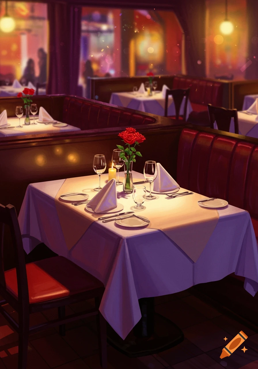 A beautifully set table with a white tablecloth, red roses, and candles in a cozy restaurant with red booths.