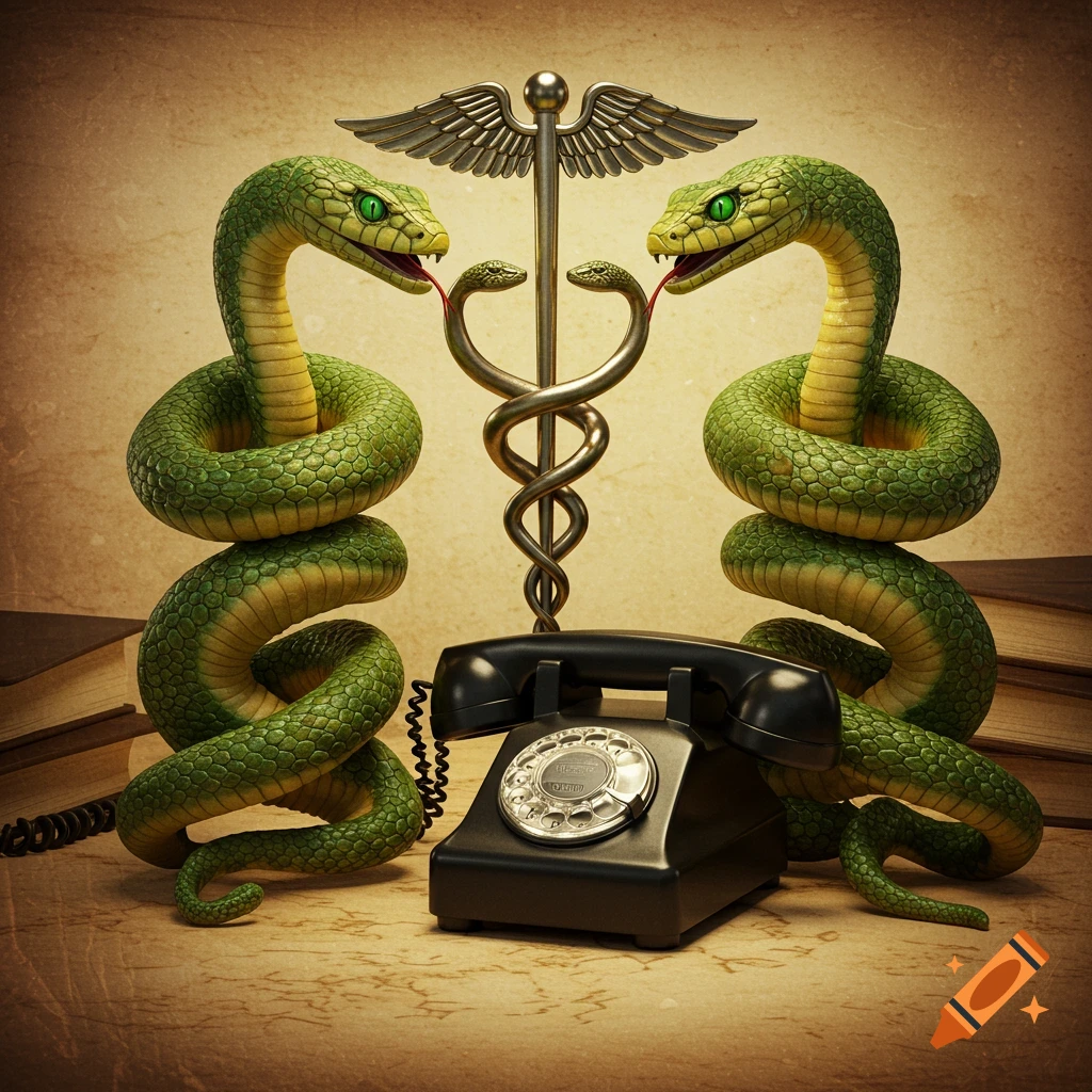 Two green snakes coiled around a caduceus symbol, with a vintage black rotary phone on a desk with books.