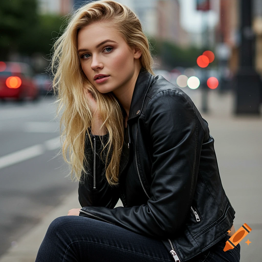 Photorealistic image of a blonde woman in a leather jacket sitting on a city curb with blurred traffic lights.