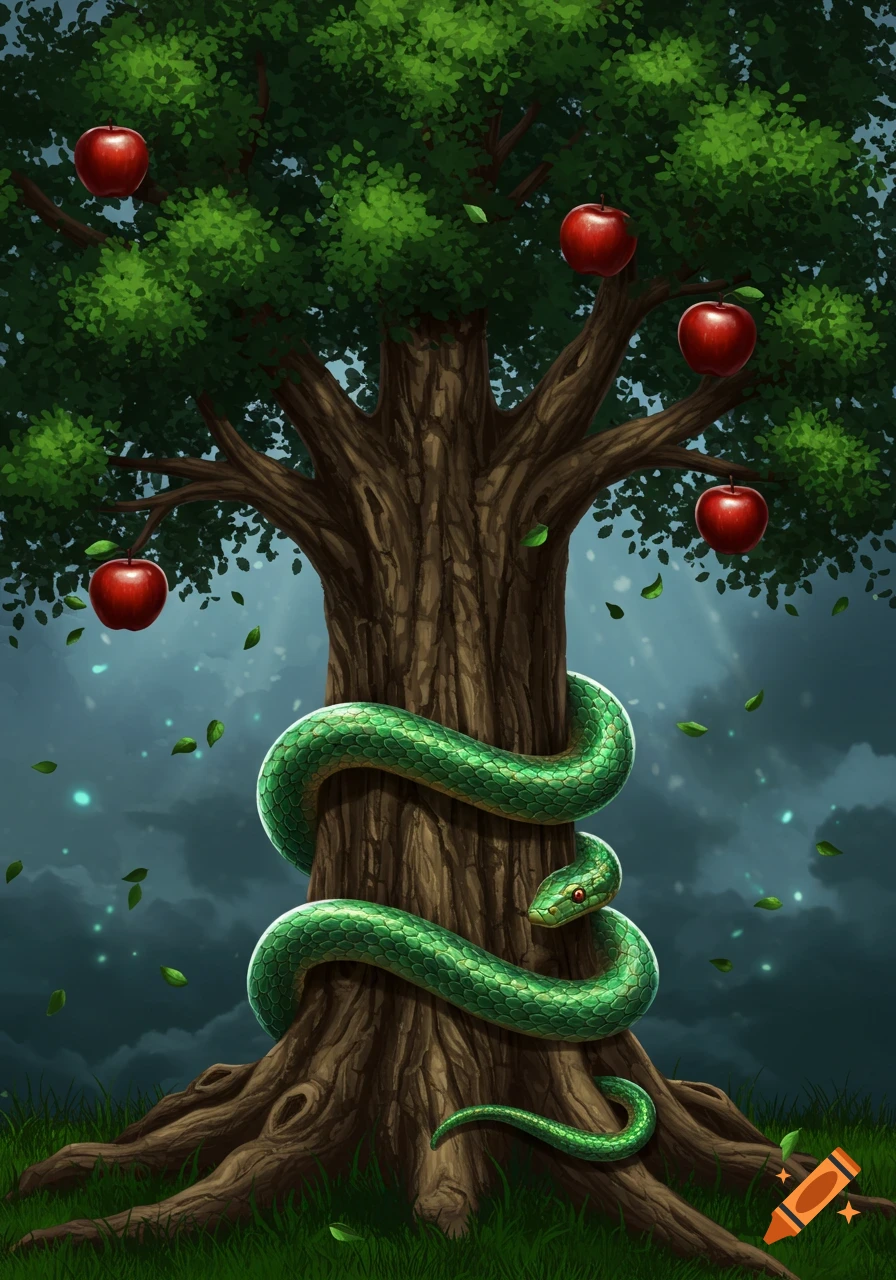 An illustration of a green snake coiled around a tall tree with red apples and green leaves, set against a dark, mystical background.