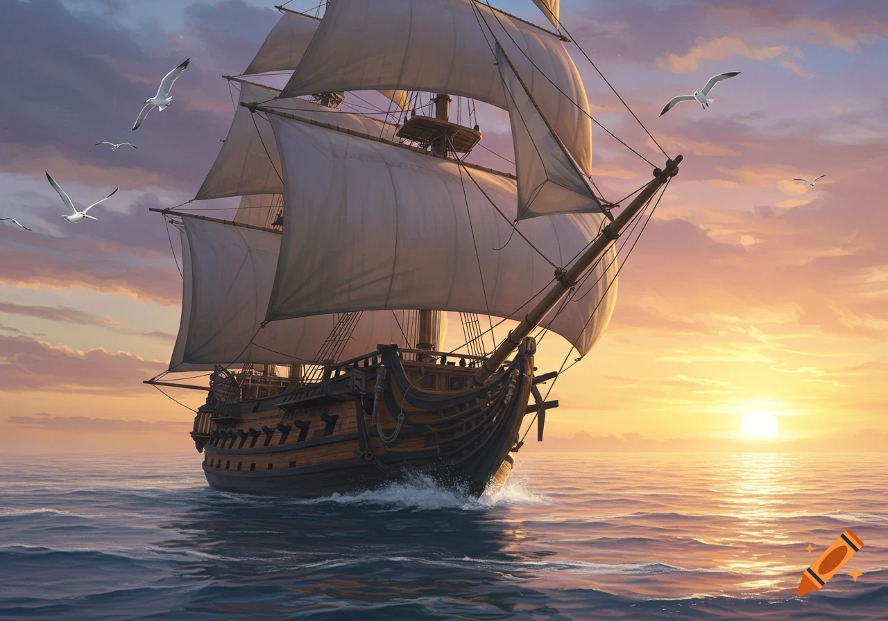 A large sailing ship with multiple sails glides on the ocean at sunset, with seagulls flying in the colorful sky.
