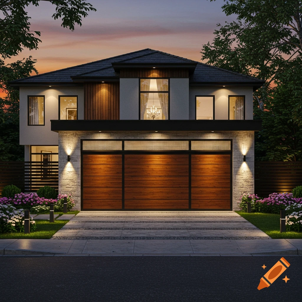 A photorealistic modern luxury home at dusk, featuring a large wooden garage door, illuminated facade, and landscaped garden.
