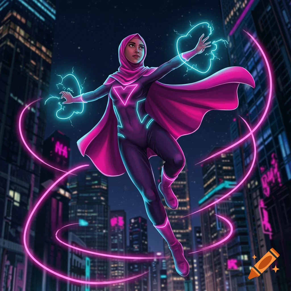 A female superhero in a dark suit with a pink hijab and cape floats in a neon-lit city, casting blue electrical energy from her hands.