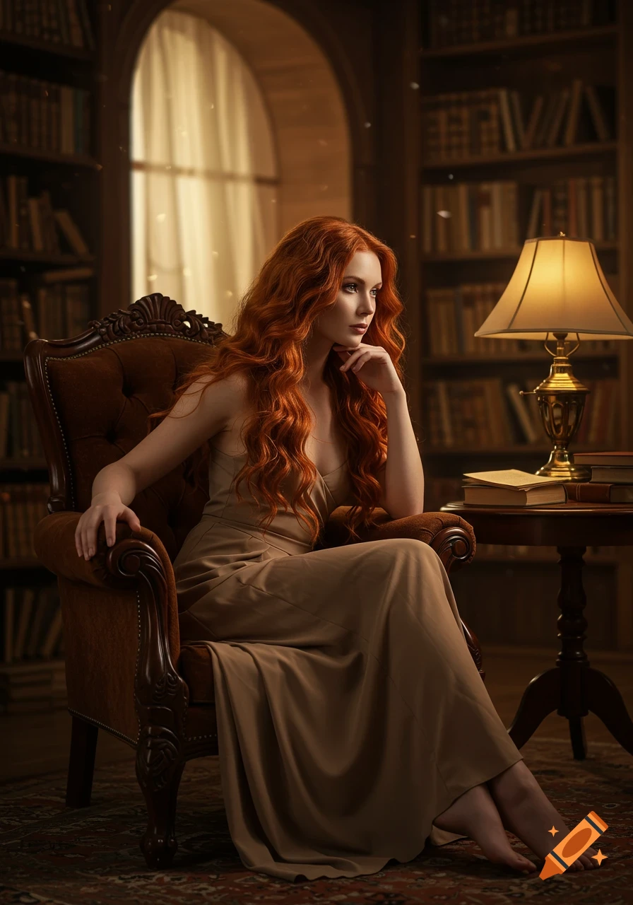 Photorealistic portrait of a red-haired woman sitting in a brown armchair in a dimly lit library.