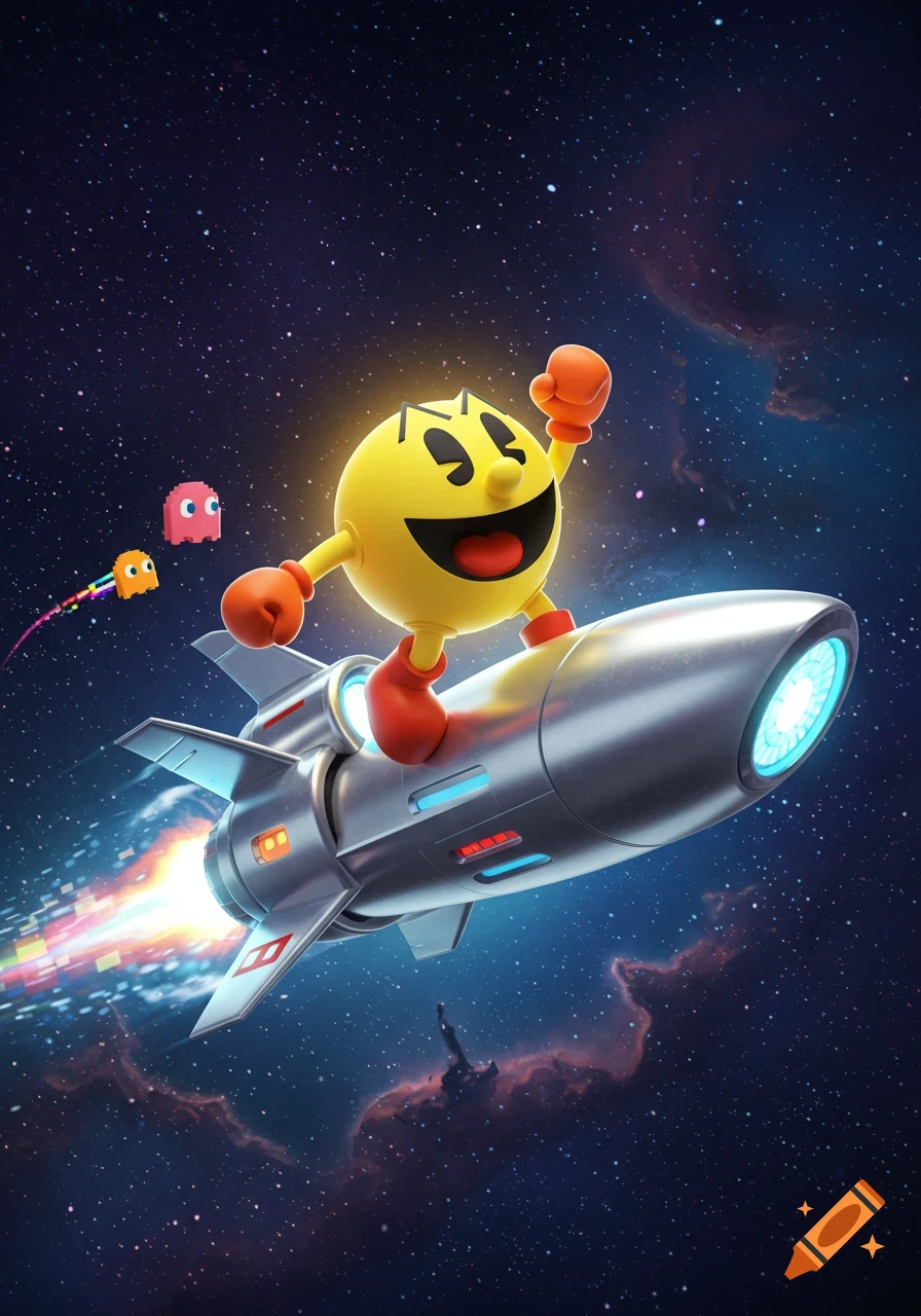Pac-Man rides a silver rocket through deep space, his arm raised triumphantly, as two pixelated ghosts chase him.