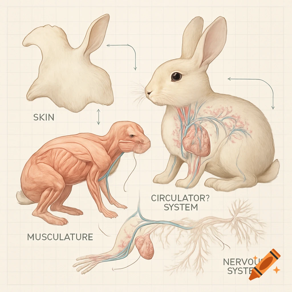 Scientific diagram of a rabbit showing its skin, musculature, and internal systems like circulatory and nervous.