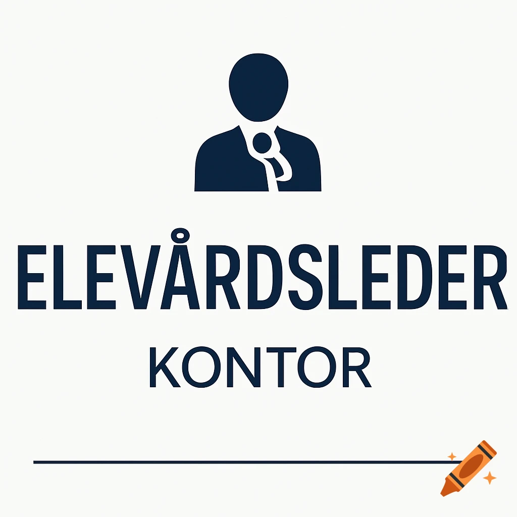 Minimalist office sign with a dark blue silhouette icon of a person above the text 'ELEVÅRDSLEDER KONTOR' on a white background.