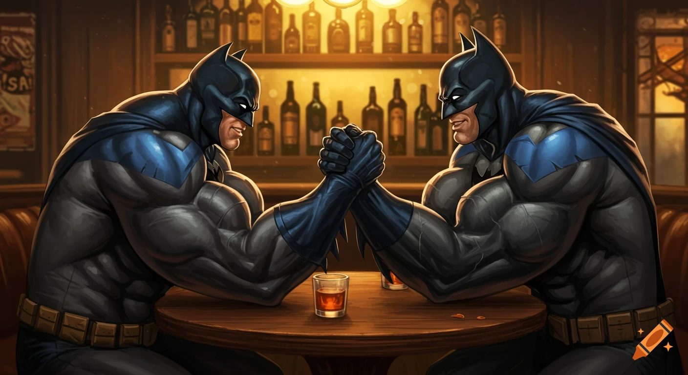 Two heavily muscled superheroes, resembling Batman and Nightwing, arm wrestling intensely in a dimly lit bar filled with bottles.