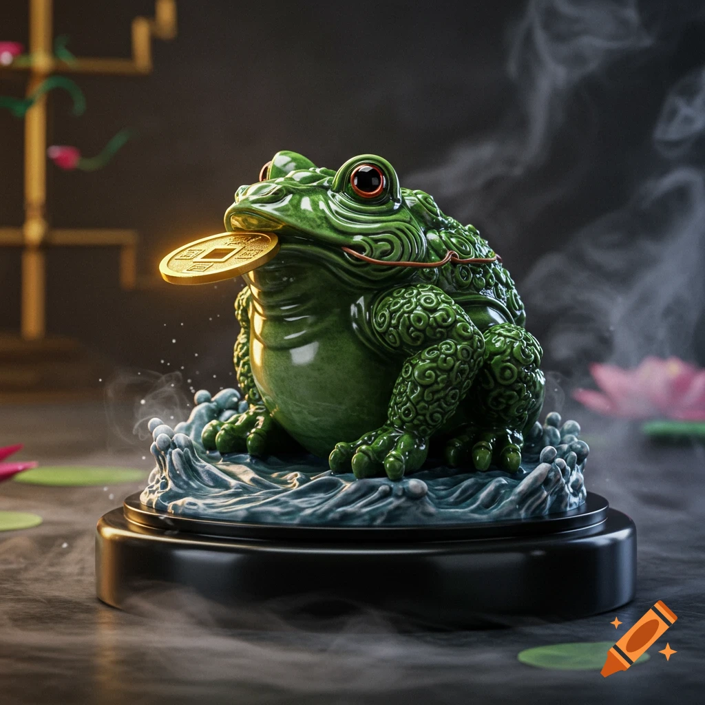 A vibrant green Chinese fortune frog statue holds a gold coin in its mouth, surrounded by misty water ripples.