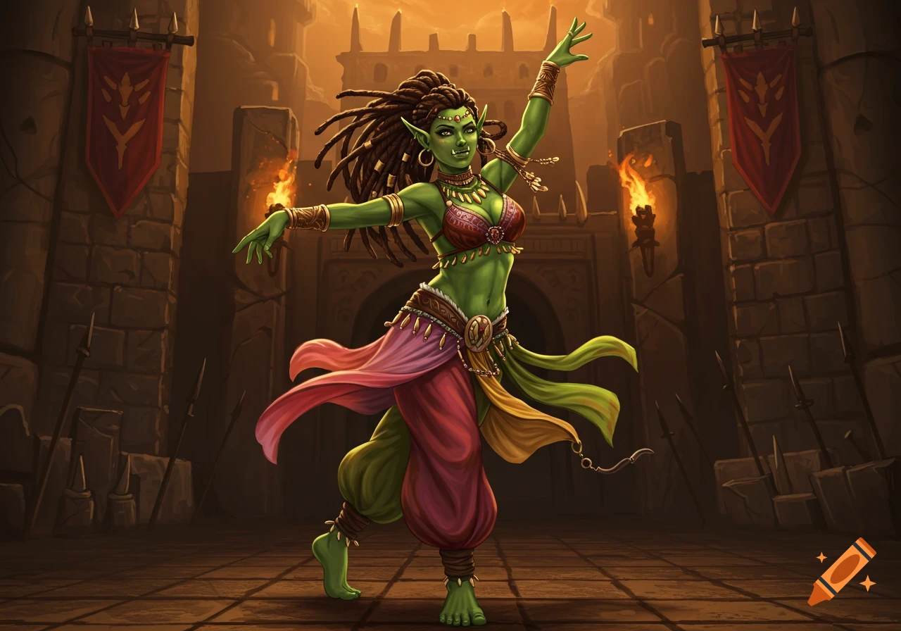 Vibrant fantasy illustration of a green-skinned orc belly dancer with dreadlocks, performing in an orcish stronghold.