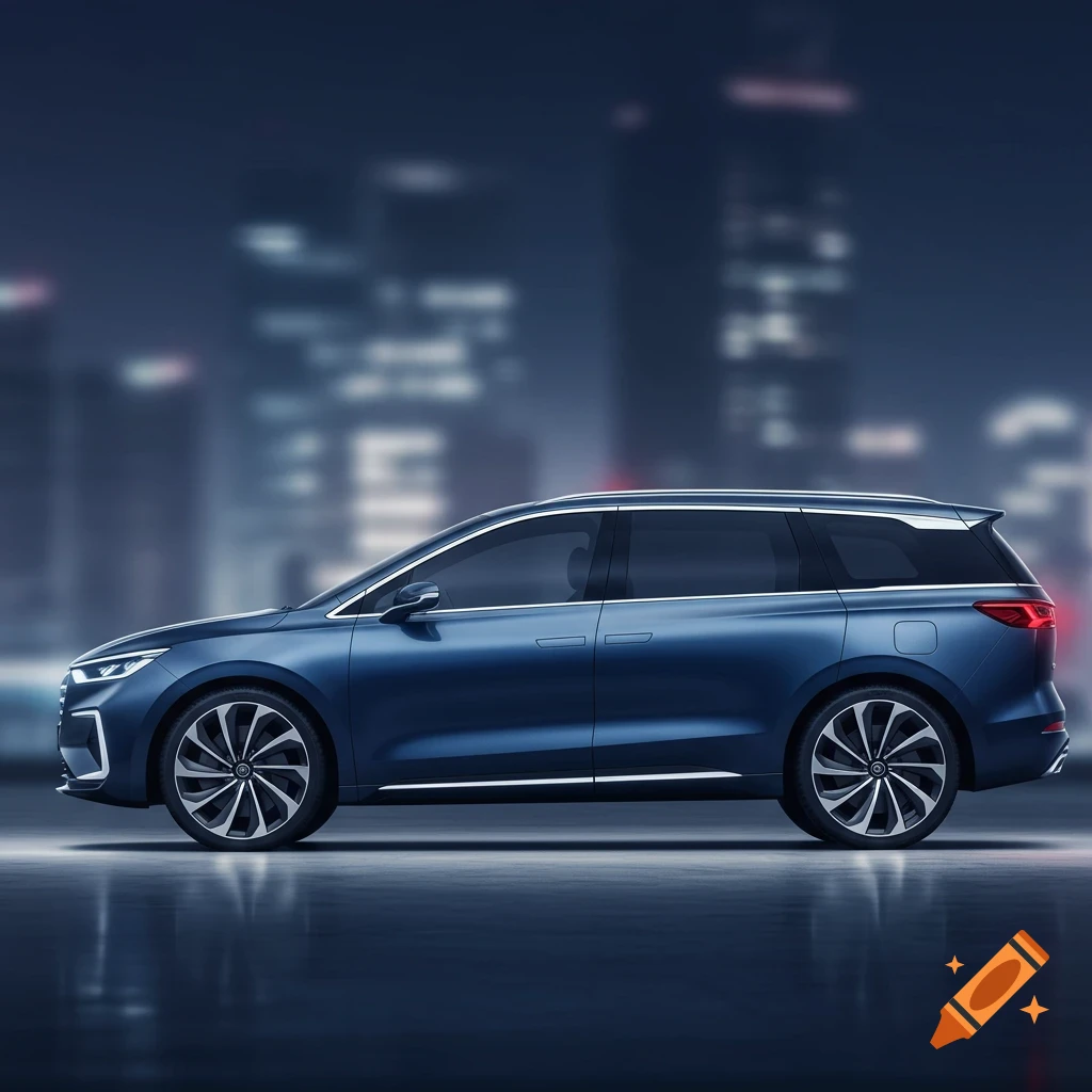 A sleek, dark blue minivan or SUV with shiny wheels, viewed from the side, parked at night with blurred city lights in the background.