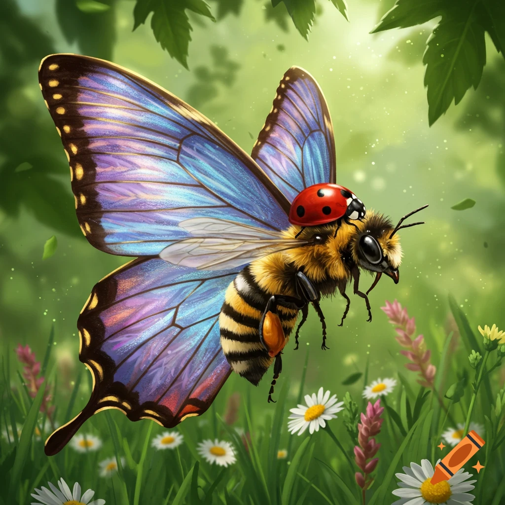 Detailed illustration of a bee with blue butterfly wings, carrying a ladybug, flying over a sunny field of daisies.