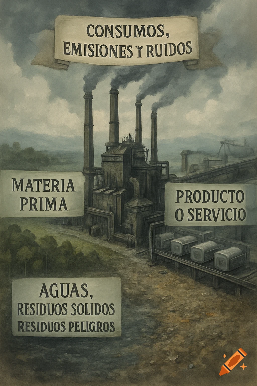 An industrial complex with smoking chimneys, surrounded by labels indicating 'Raw Material', 'Product or Service', 'Consumptions, Emissions and Noise', and 'Waters, Solid Waste, Hazardous Waste'.
