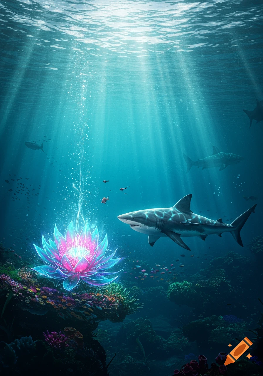 Underwater scene with sharks near a glowing blue and pink lotus-like plant on a coral reef, with sunbeams from above.