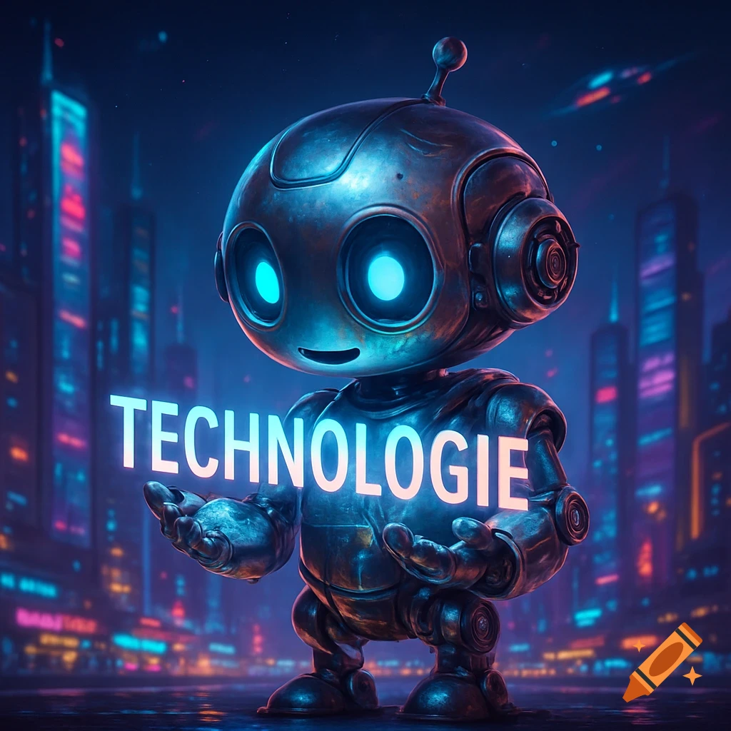 A small, metallic robot with glowing blue eyes holds the neon word 'TECHNOLOGIE' in a futuristic city at night.