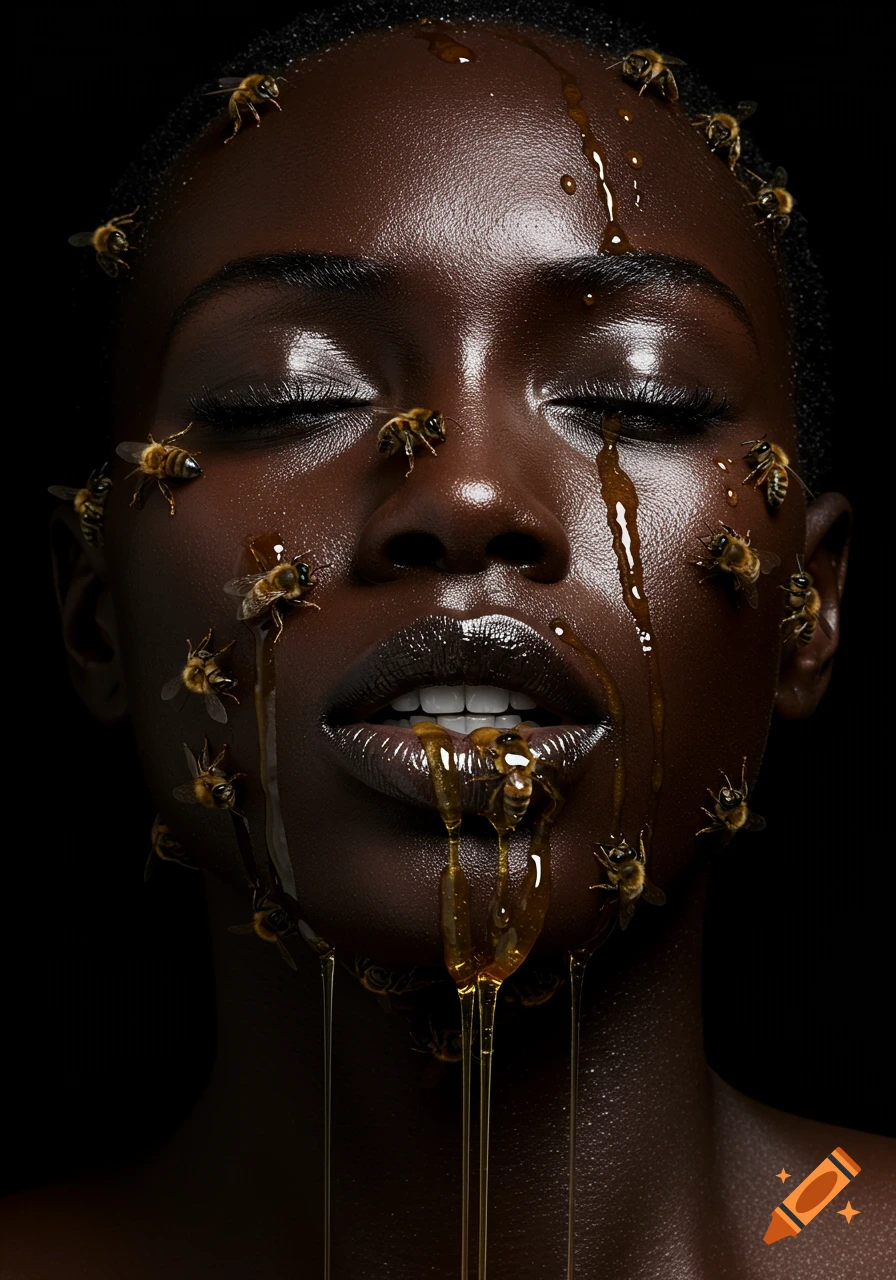 Close-up of a Black woman's face with closed eyes, glossy skin, covered in bees and dripping honey against a black background. High fashion photography style.