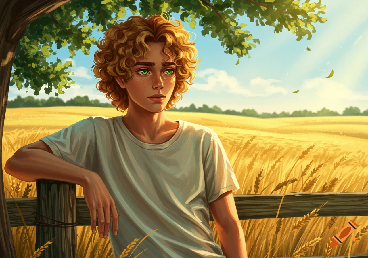 Illustration of a boy with curly blonde hair and green eyes, wearing a white t-shirt, leaning on a fence in a sunny wheat field.