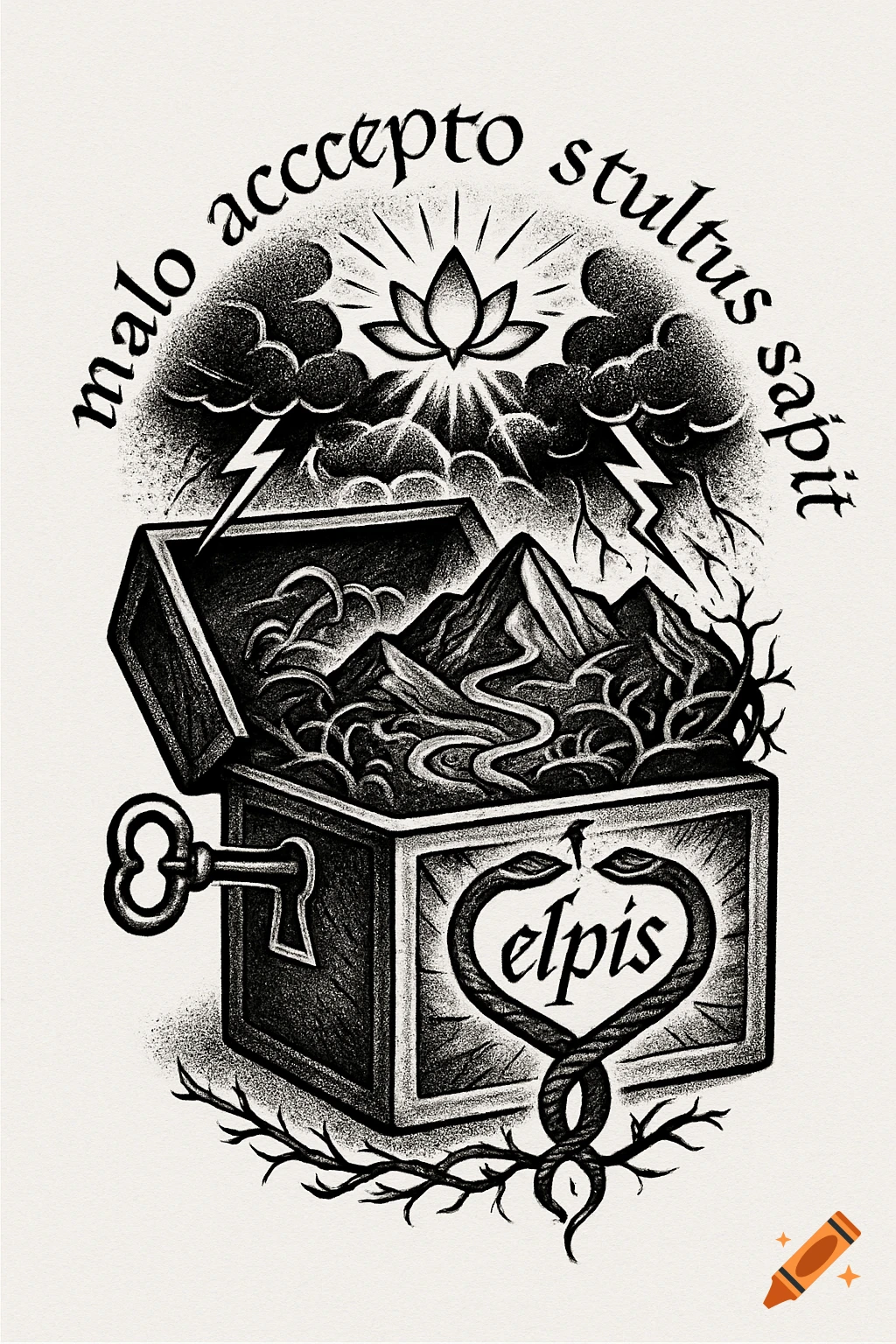 Stylized black and white illustration: open chest with mountains, key, snakes forming 'elpis' heart, surrounded by 'malo accepto stultus sapit', lotus and lightning.