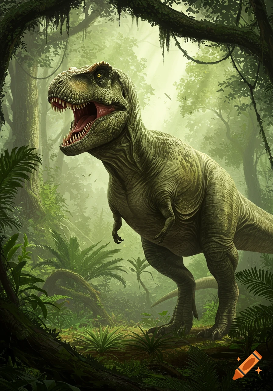 A detailed digital illustration of a roaring Tyrannosaurus Rex in a lush, green, foggy jungle.