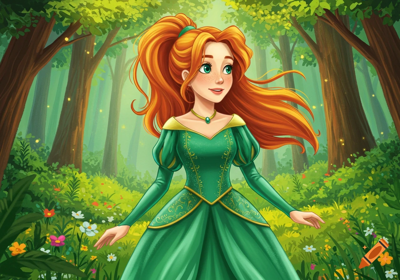 A cartoon princess with long red hair in a ponytail, wearing a green dress, stands in a vibrant green forest filled with flowers and glowing specks.