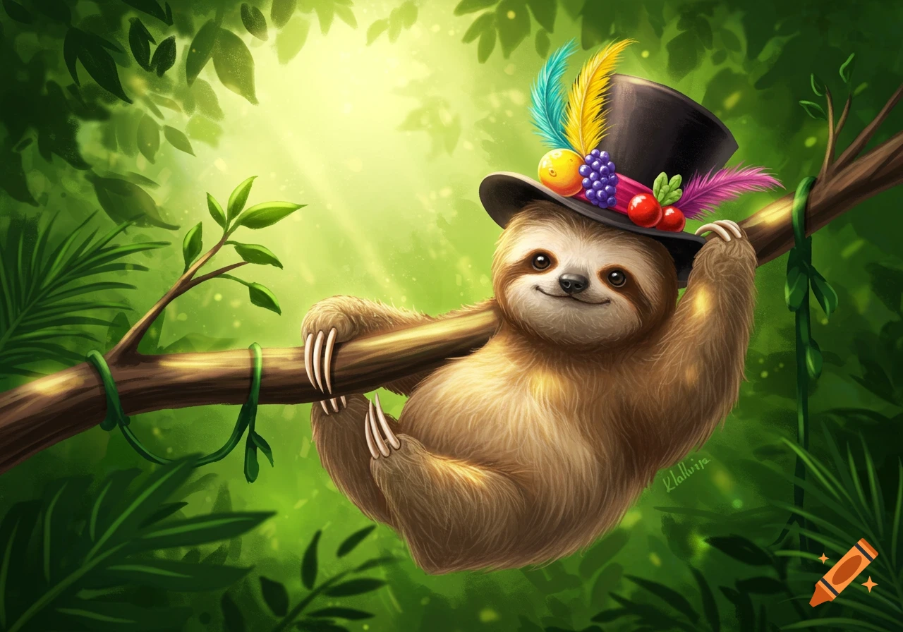 A cute cartoon sloth wearing a black top hat adorned with colorful feathers, grapes, and berries, hanging from a branch in a vibrant green jungle.
