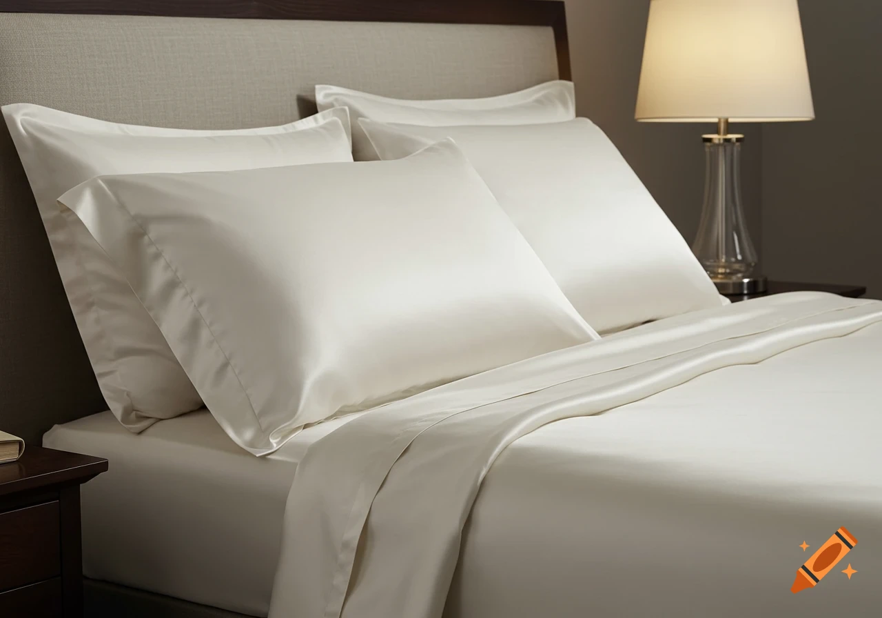 A neatly made bed with luxurious cream silk sheets and pillows, dark wood headboard, and a glowing bedside lamp.