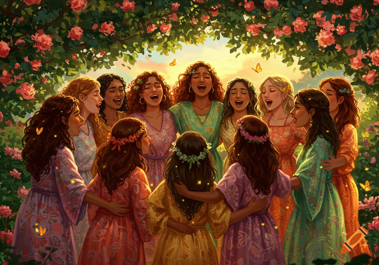 A group of joyful women with flower crowns sing together in a vibrant, sunlit rose garden, in a painterly style.