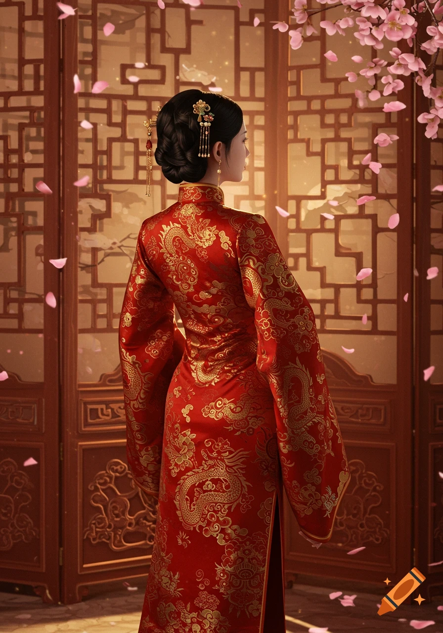 Woman in a red and gold traditional Chinese dress with dragon patterns, back to viewer, framed by cherry blossoms and an ornate screen.