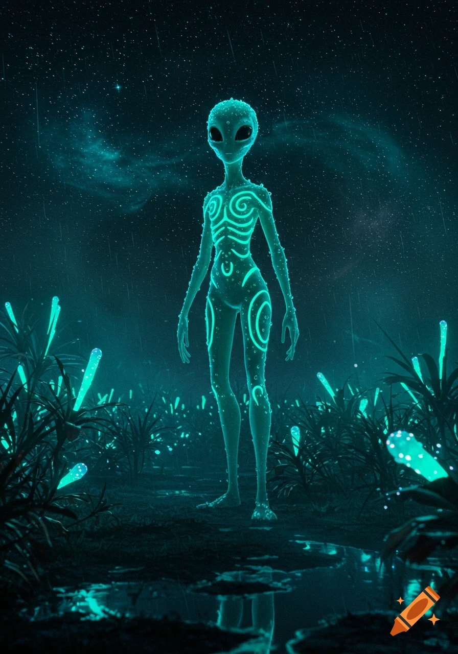 A tall, glowing turquoise alien covered in water droplets stands in a rainy, bioluminescent alien field under a starry night sky, with reflections.