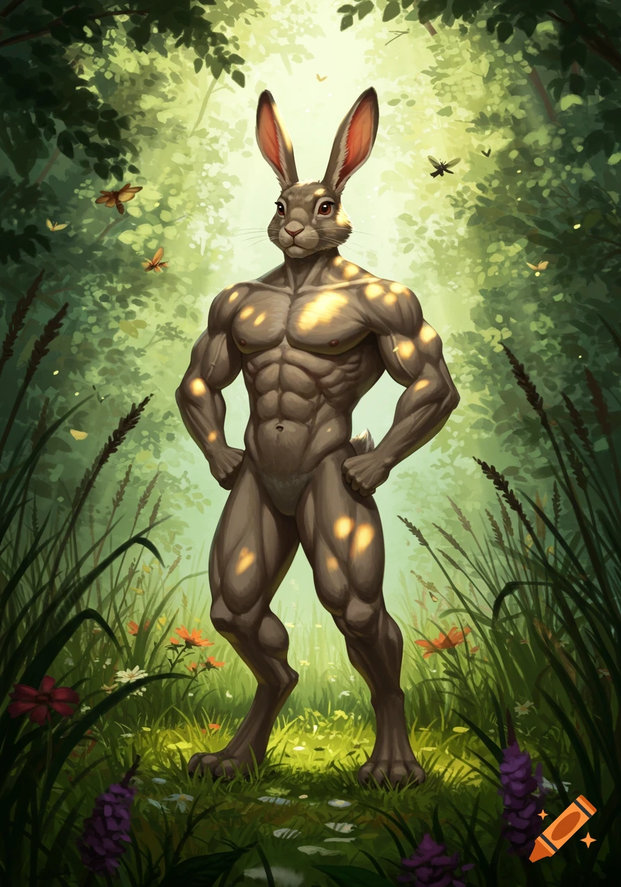 Muscular anthropomorphic rabbit standing confidently in a sunny, lush forest with dappled light, digital painting.