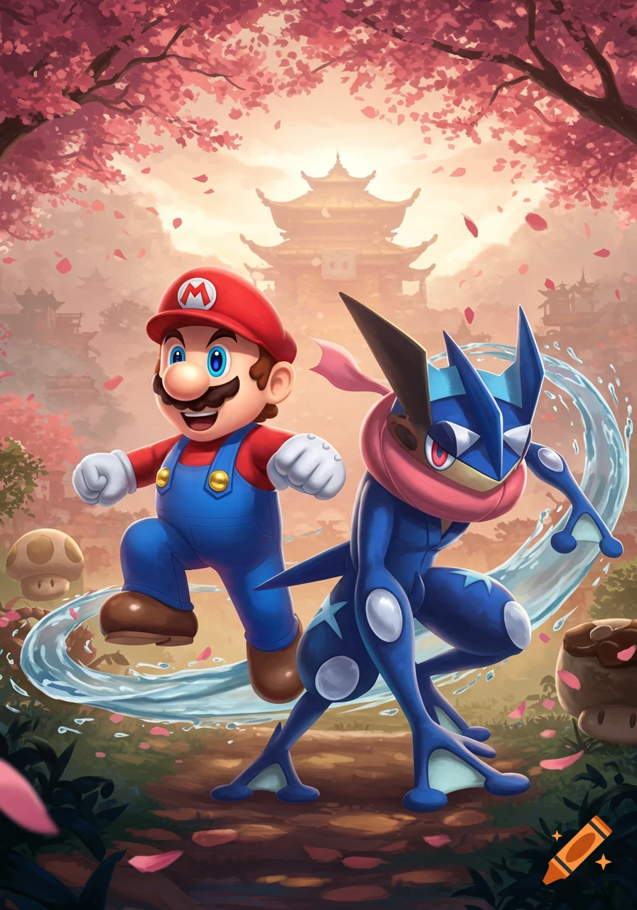 Mario and Greninja stand in a vibrant Japanese landscape with cherry blossoms and a pagoda in digital art.