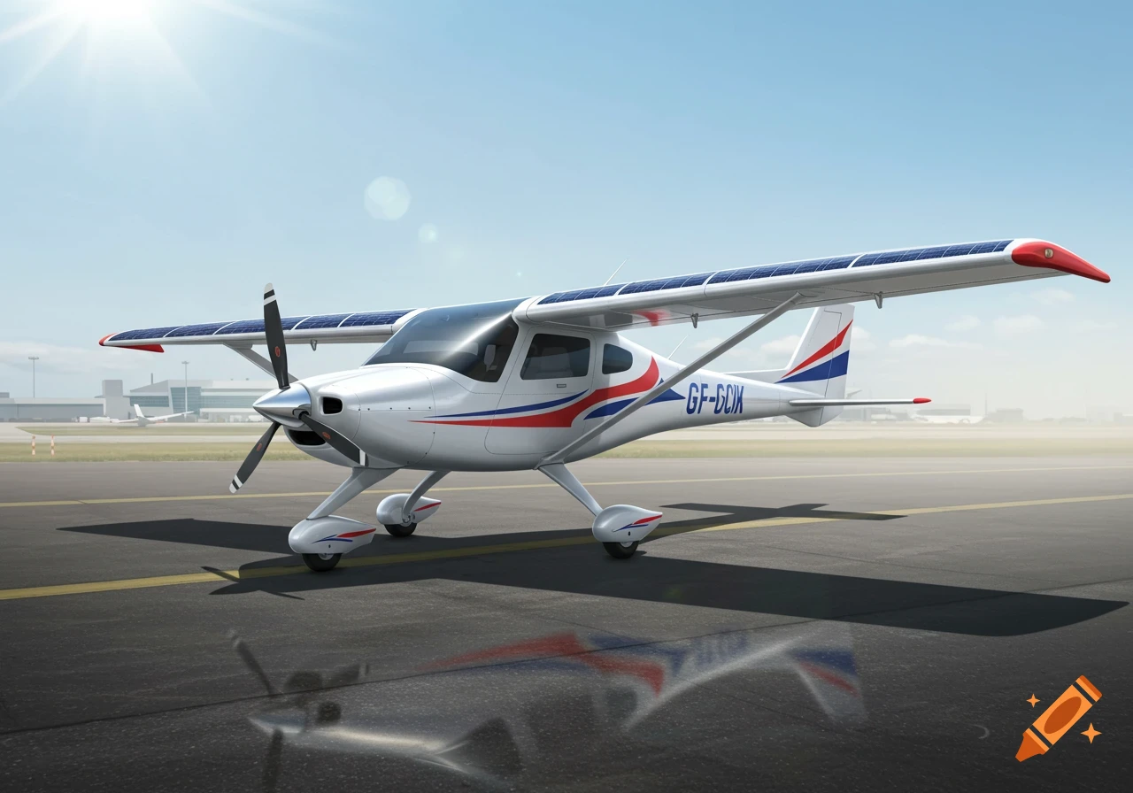 Photorealistic white, red, and blue propeller airplane with solar panels on wings, parked on airport tarmac under a sunny sky.