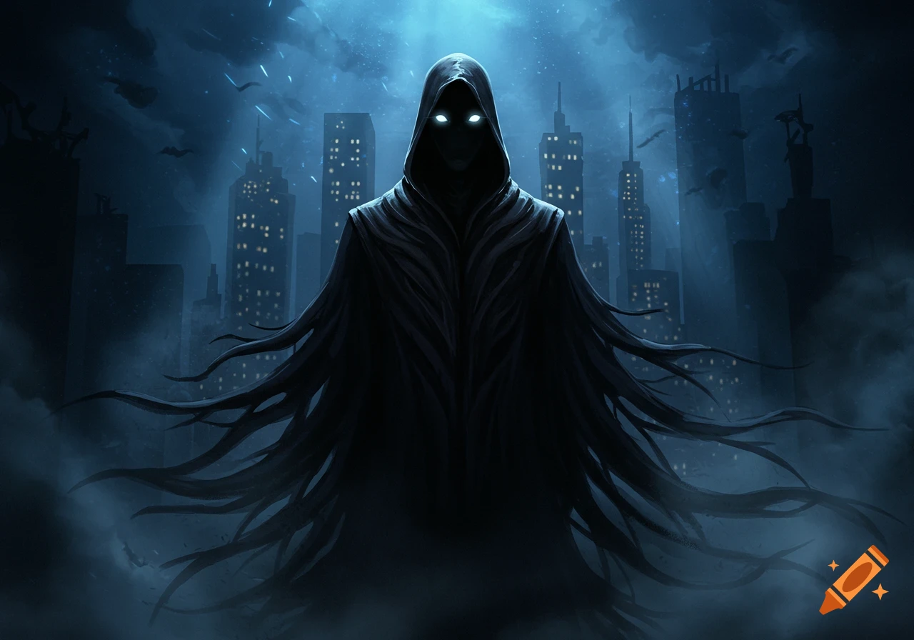 Dark hooded figure with glowing eyes overlooks a misty, blue-toned city skyline at night, digital art.