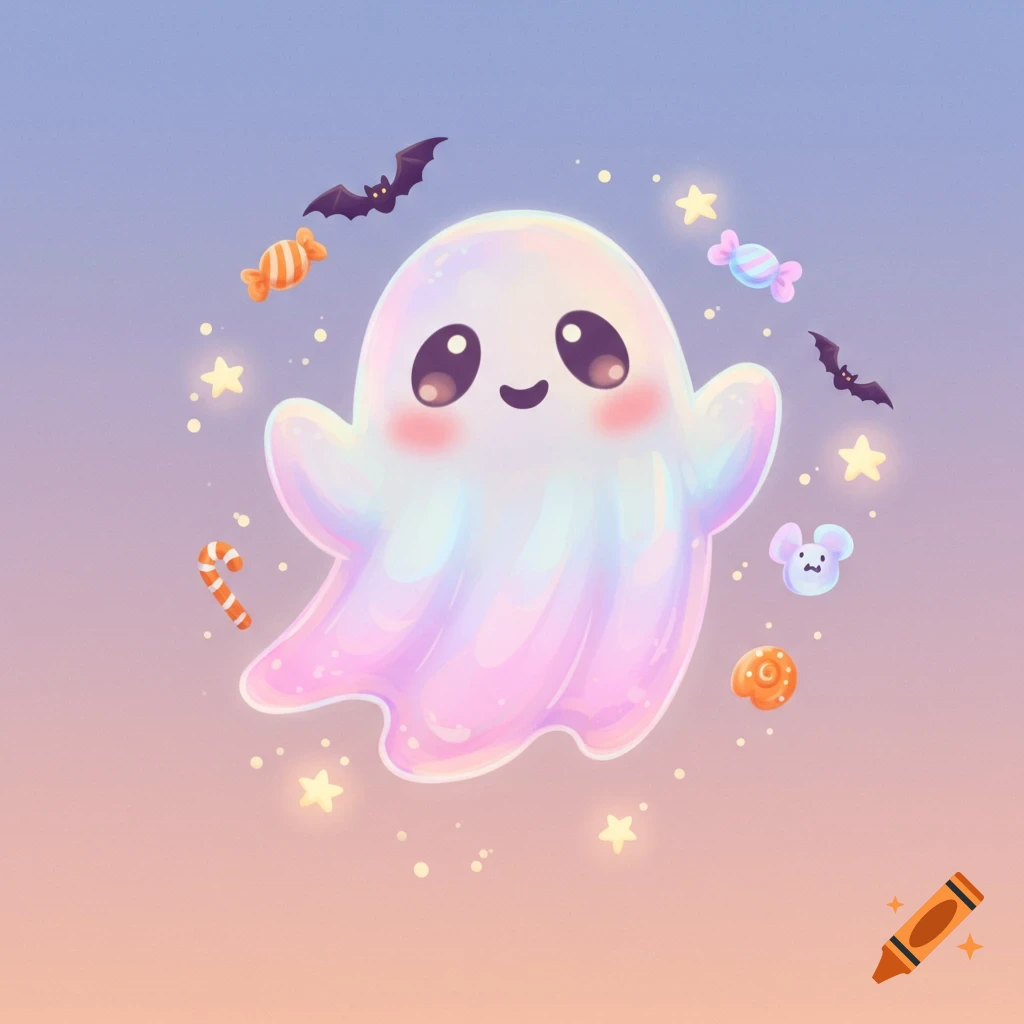 A cute, iridescent pastel ghost floats amid candies, bats, and stars on a soft gradient background in a whimsical cartoon style.
