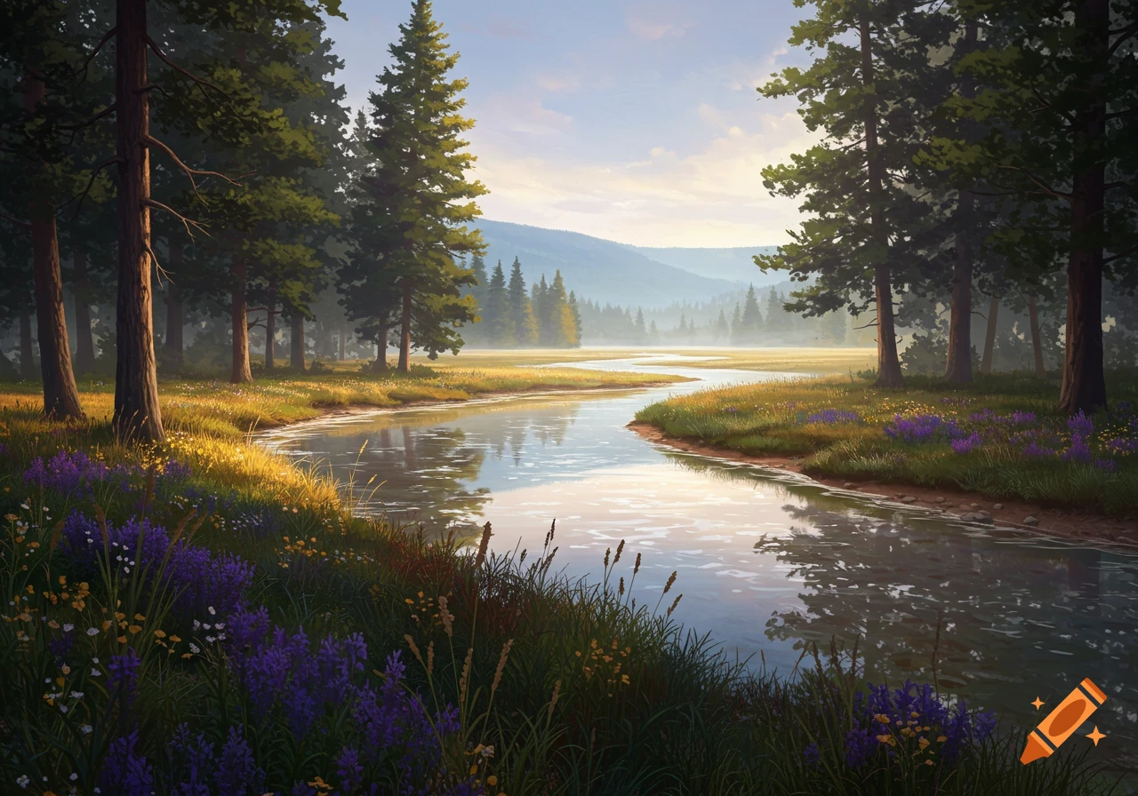 A tranquil river flows through a sunlit forest and meadow with purple wildflowers in a painterly style.