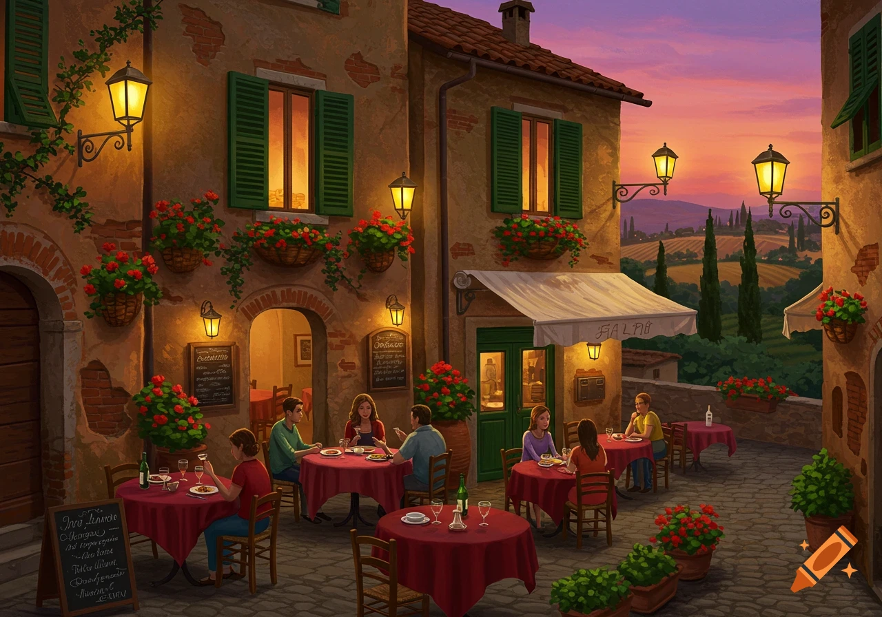 An illustrated evening scene of people dining at outdoor tables outside an Italian restaurant with a sunset backdrop.