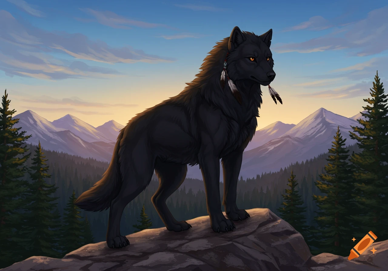 A majestic black wolf with amber eyes and decorative feathers stands on a rock overlooking a mountain forest at sunrise, digital art.