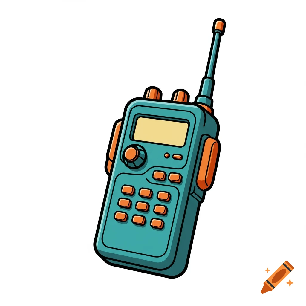 A stylized teal walkie-talkie with orange buttons and a yellow screen, depicted front-on with a white background.