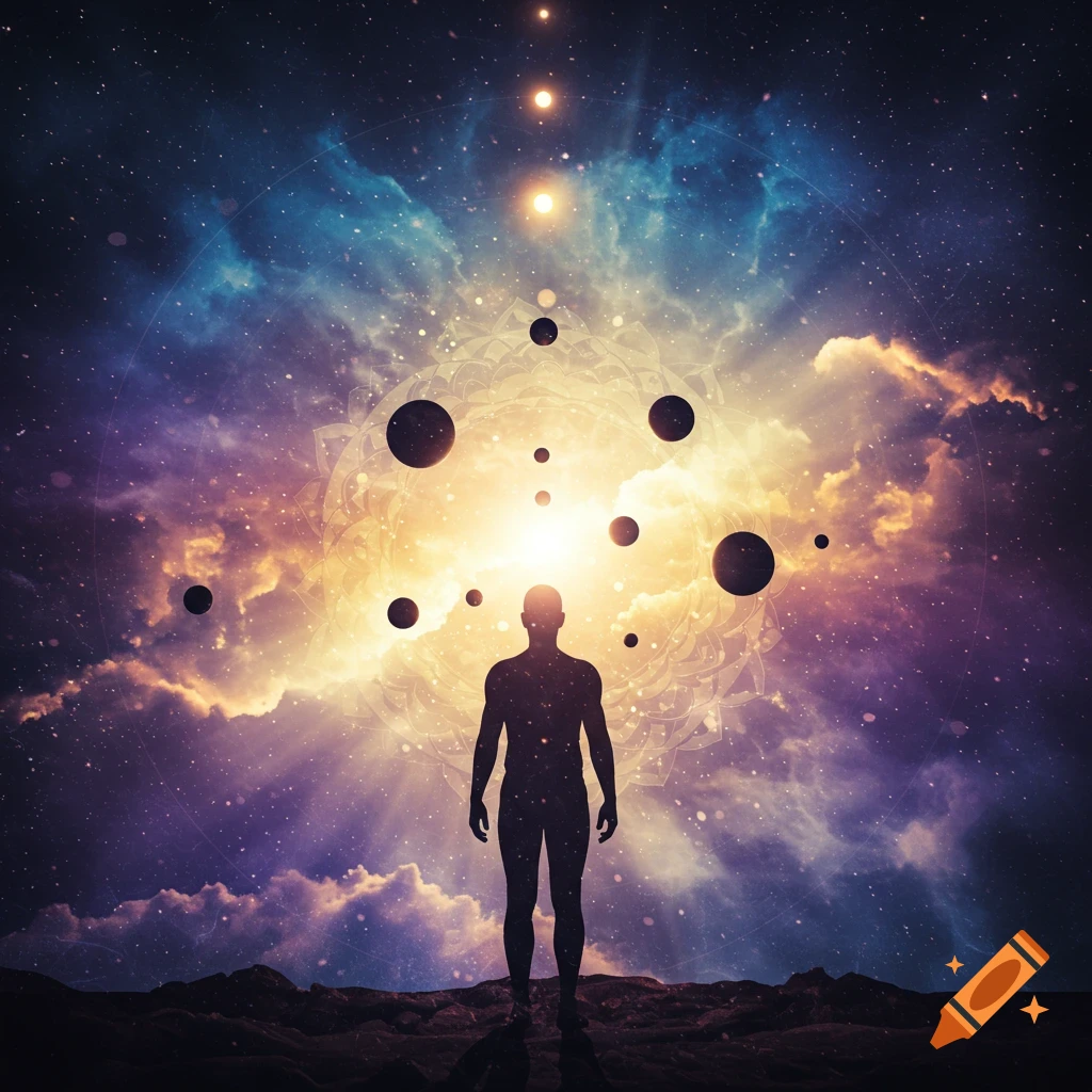 A person's silhouette beneath a vibrant cosmic sky with stars, nebulae, planets, and a glowing mandala pattern.