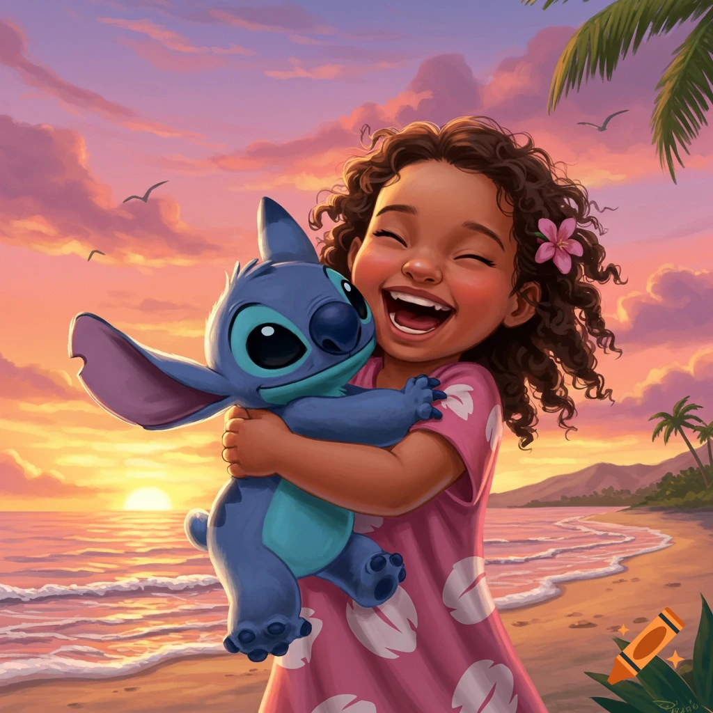 Vibrant cartoon illustration of a happy little girl hugging Stitch on a tropical beach at sunset.