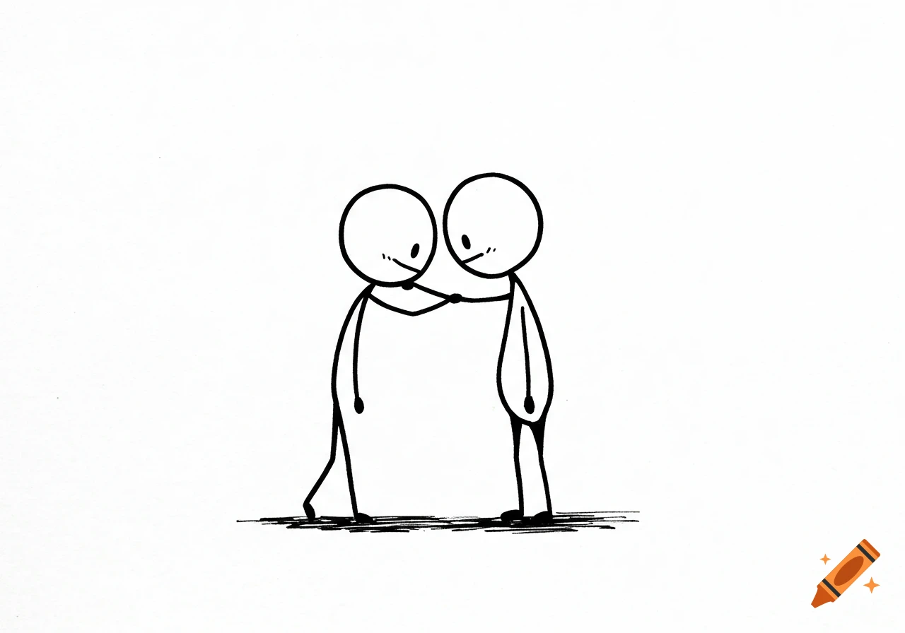 A minimalist black and white drawing of two stick figures, one with an arm around the other, looking at each other.