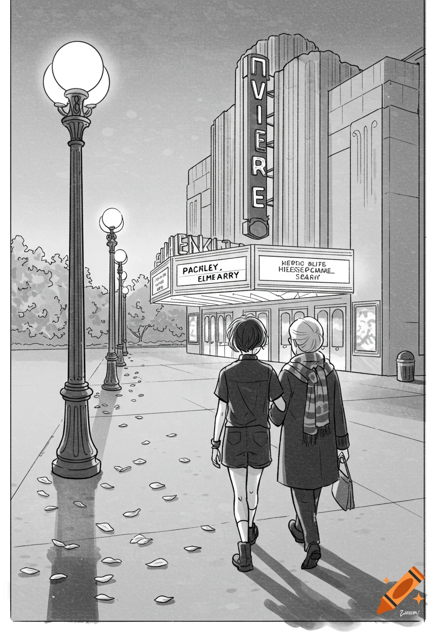 A young woman and an older woman, seen from behind, walk arm-in-arm down a sidewalk towards a movie theater, in a black and white sketch art style.