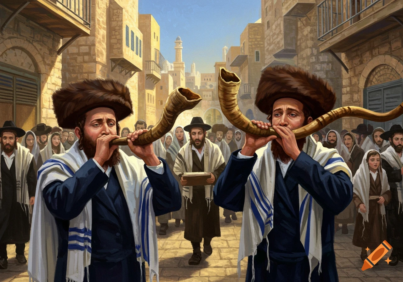 Artwork of two men in traditional Jewish attire blowing shofars on a bustling old city street.