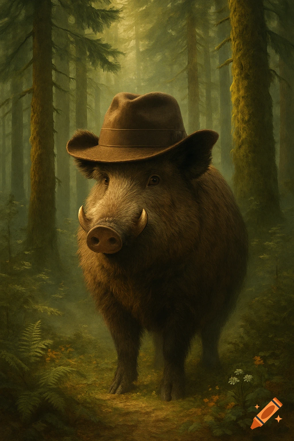 A wild boar wearing a brown hat stands in a misty green forest, rendered in a detailed, painterly style.