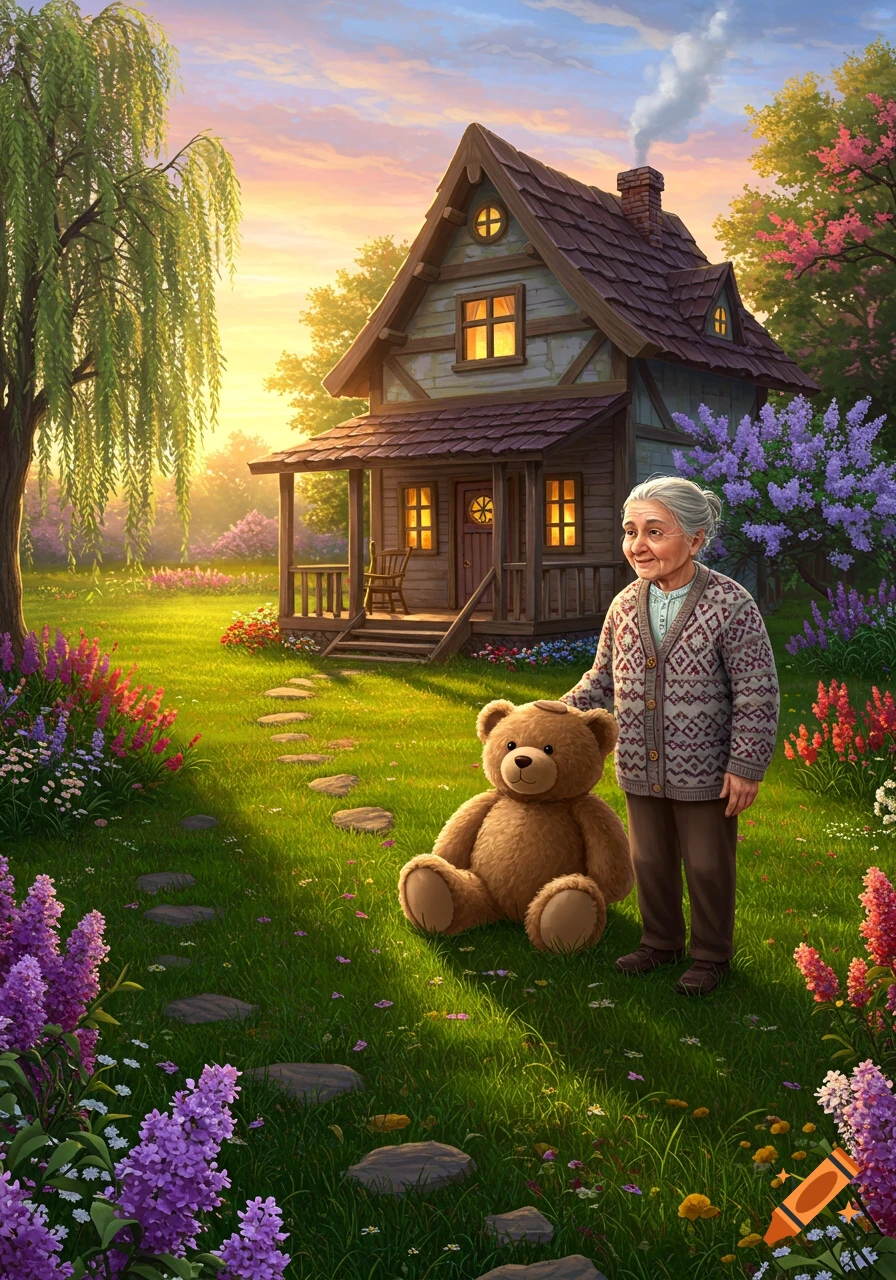 An old woman and a teddy bear stand in a vibrant, whimsical garden with a charming cottage at sunset.