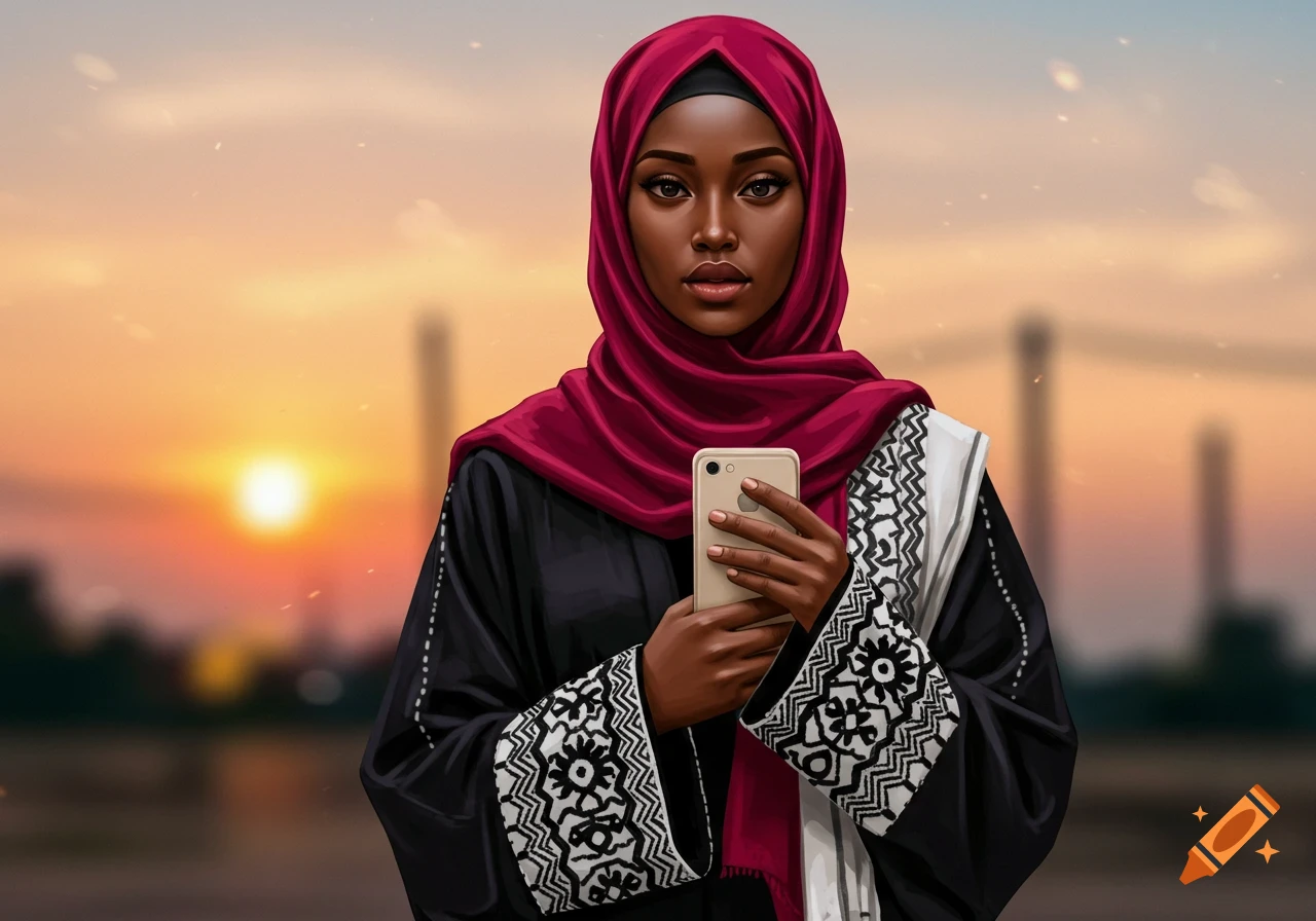 Digital art portrait of a dark-skinned woman in a red hijab and black abaya holding a phone at sunset.