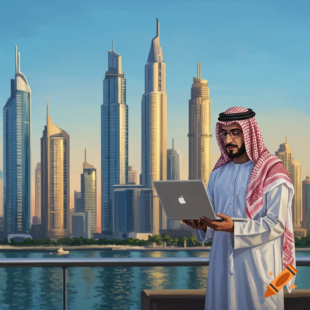 A man in traditional attire uses a laptop on a balcony overlooking a modern cityscape with skyscrapers and water, in a painterly style.