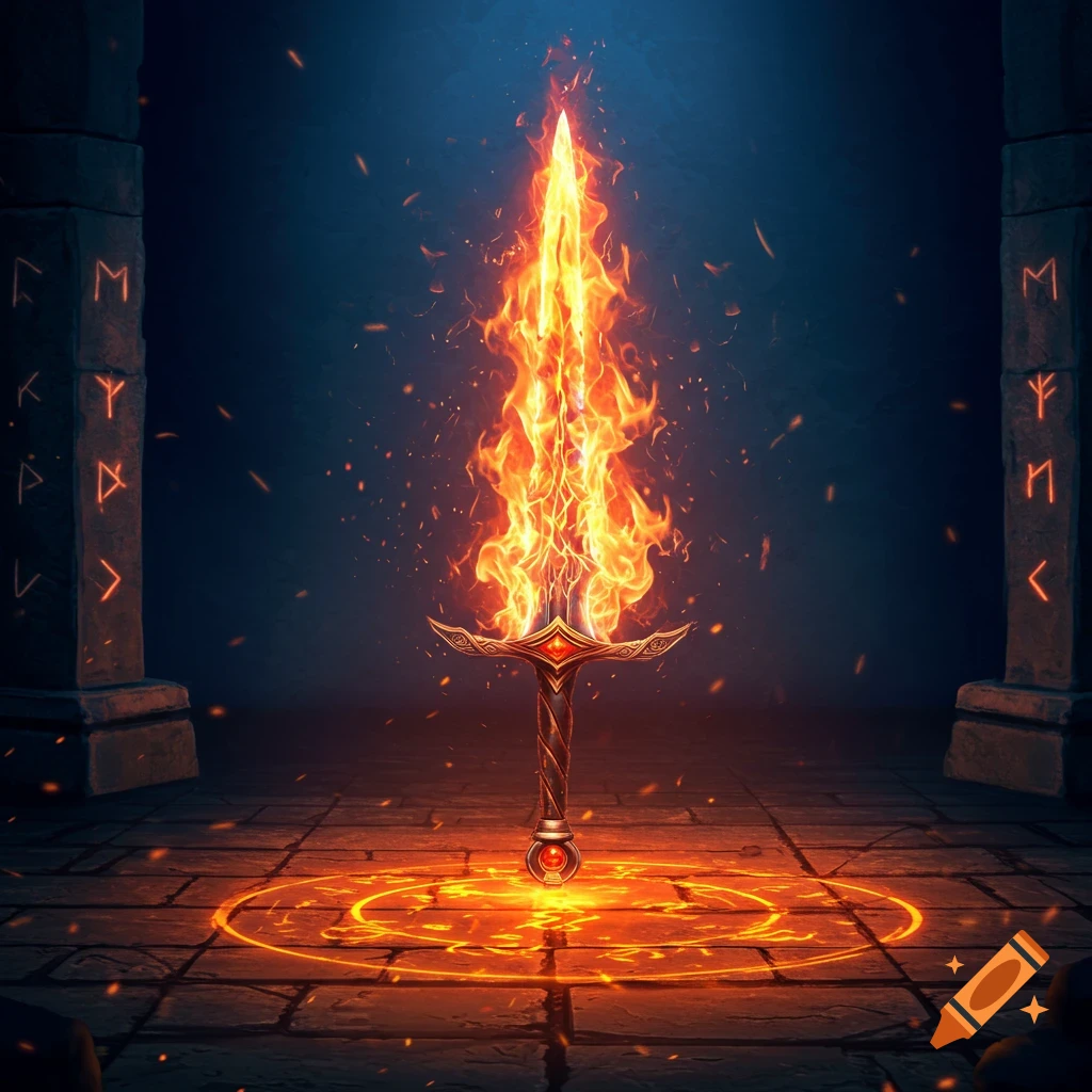 A glowing, fiery sword with a jeweled hilt stands on a rune-etched stone floor, flanked by pillars with glowing runes in a dark chamber.